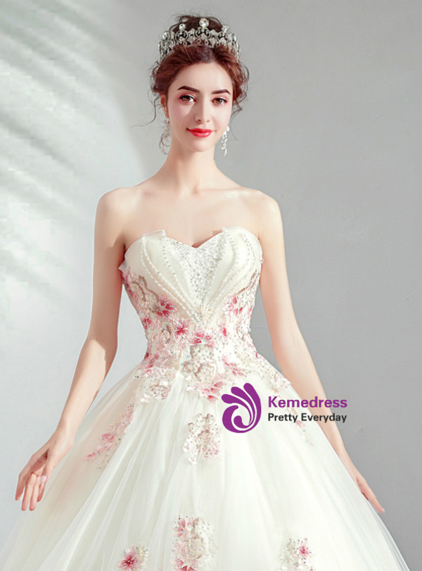 Shop 2019 Long & Short In Stock:Ship in 48 Hours Champagne Tulle Sweetheart Appliques Wedding Dress With Factory Price From Kemedress