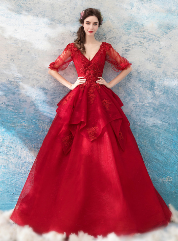 Shop 2019 Long & Short In Stock:Ship in 48 Hours Red V-neck Half Sleeve Appliques Wedding Dress With Factory Price From Kemedress