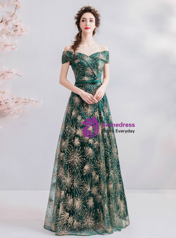 Shop 2019 Long & Short In Stock:Ship in 48 Hours Green Sequins Off The Shoulder Prom Dress With Factory Price From Kemedress