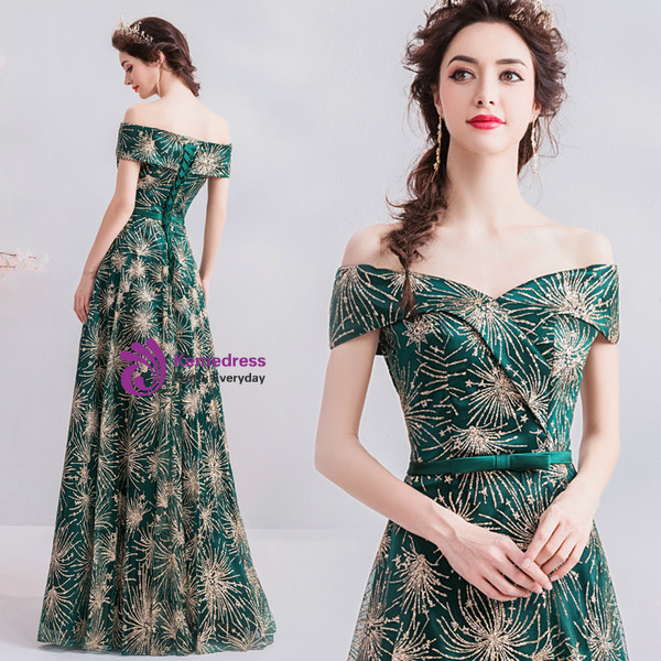 Shop 2019 Long & Short In Stock:Ship in 48 Hours Green Sequins Off The Shoulder Prom Dress With Factory Price From Kemedress