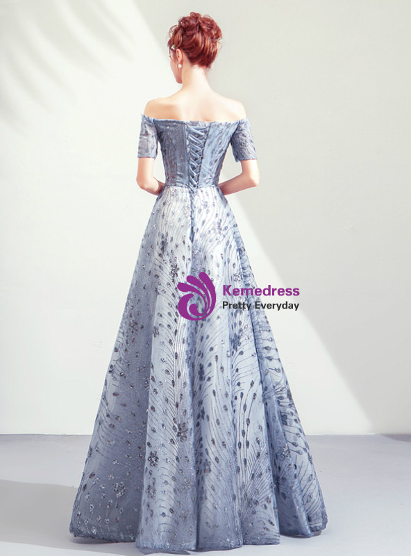 Shop 2019 Long & Short In Stock:Ship in 48 Hours Gray Blue Sequins Off the Shoulder Prom Dress With Factory Price From Kemedress