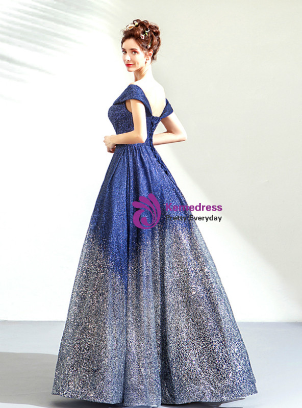 Shop 2019 Long & Short In Stock:Ship in 48 Hours Blue Silver Ball Gown Sequins Off The Shoulder Prom Dress With Factory Price From Kemedress