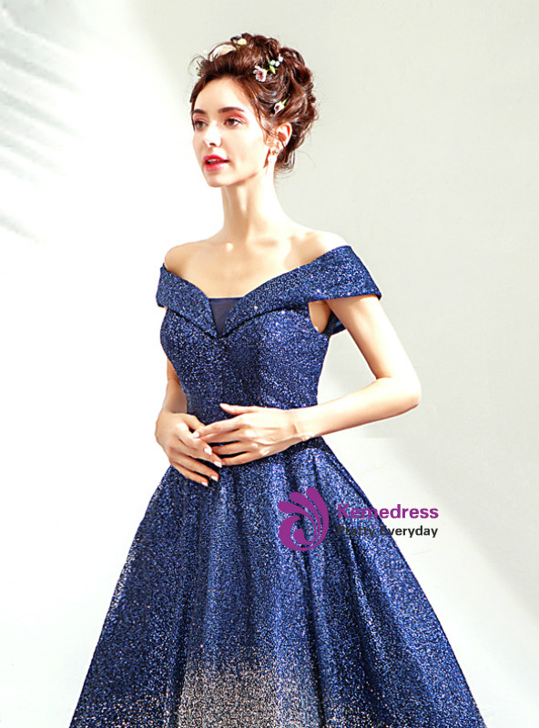 Shop 2019 Long & Short In Stock:Ship in 48 Hours Blue Silver Ball Gown Sequins Off The Shoulder Prom Dress With Factory Price From Kemedress