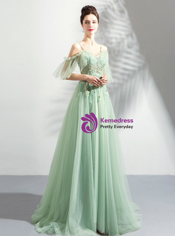 Shop 2019 Long & Short In Stock:Ship in 48 Hours Green Tulle Spaghetti Straps Appliques Prom Dress With Factory Price From Kemedress