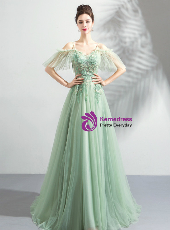 Shop 2019 Long & Short In Stock:Ship in 48 Hours Green Tulle Spaghetti Straps Appliques Prom Dress With Factory Price From Kemedress