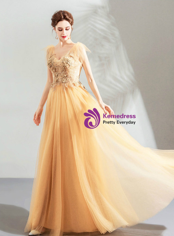 Shop 2019 Long & Short In Stock:Ship in 48 Hours Yellow Tulle V-neck Appliques Long Prom Dress With Factory Price From Kemedress