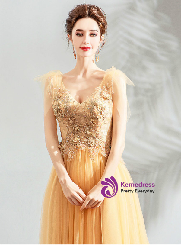 Shop 2019 Long & Short In Stock:Ship in 48 Hours Yellow Tulle V-neck Appliques Long Prom Dress With Factory Price From Kemedress