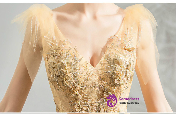 Shop 2019 Long & Short In Stock:Ship in 48 Hours Yellow Tulle V-neck Appliques Long Prom Dress With Factory Price From Kemedress