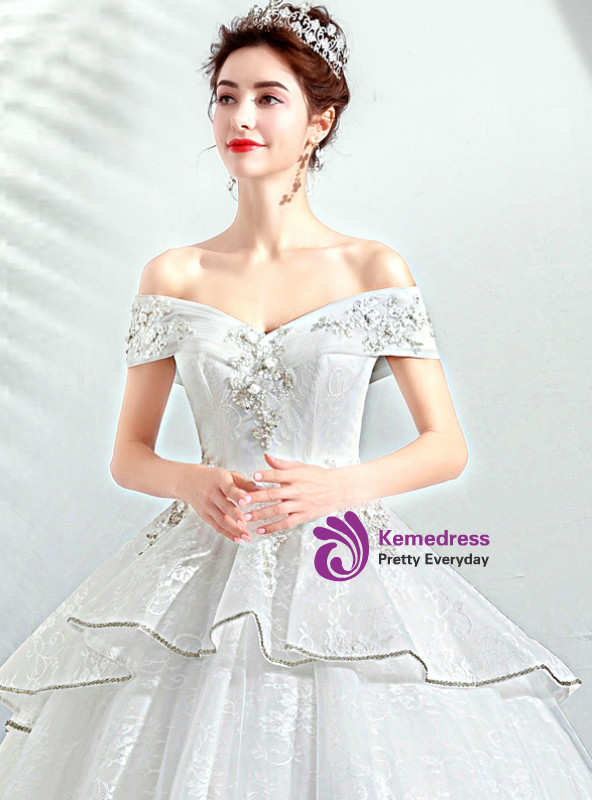 Shop 2019 Long & Short In Stock:Ship in 48 Hours White Ball Gown Off The Shoulder Appliques Wedding Dress With Factory Price From Kemedress