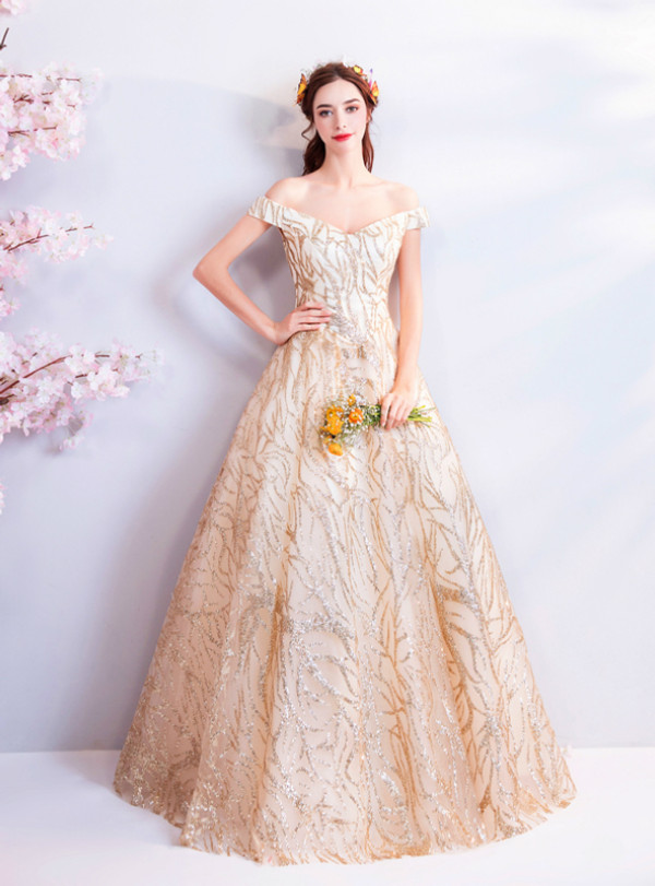 Shop 2019 Long & Short In Stock:Ship in 48 Hours Champagne Gold Off the Shoulder Prom Dress With Factory Price From Kemedress
