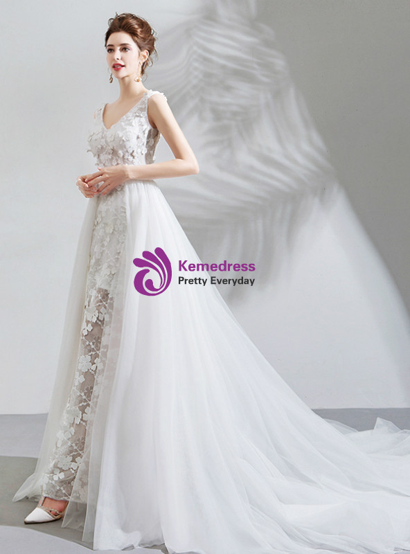 Shop 2019 Long & Short In Stock:Ship in 48 Hours White Tulle Appliques V-neck Appliques Wedding Dress With Factory Price From Kemedress