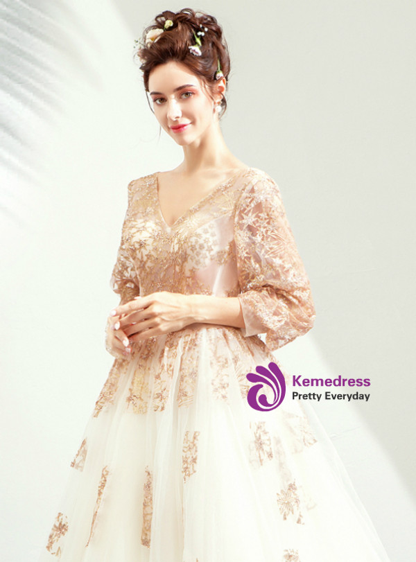 Shop 2019 Long & Short In Stock:Ship in 48 Hours V-neck Tulle Long Sleeve Appliques Wedding Dress With Factory Price From Kemedress