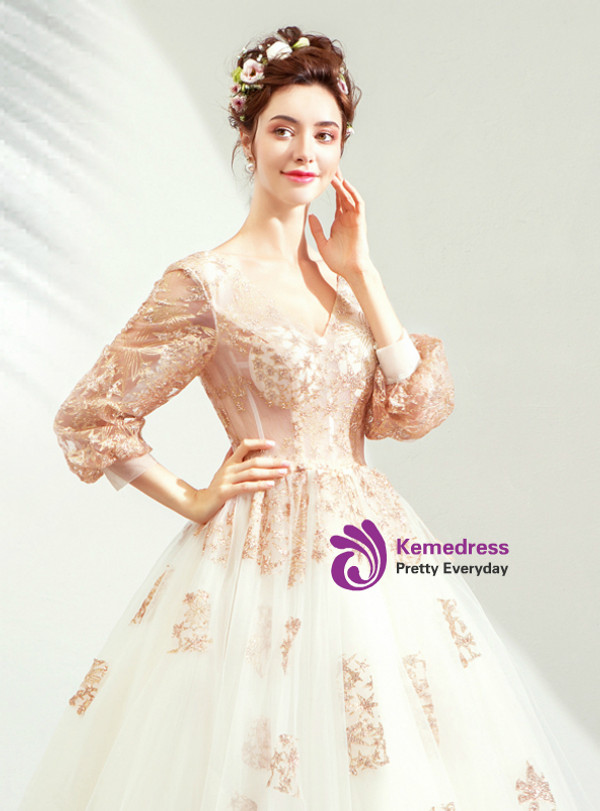 Shop 2019 Long & Short In Stock:Ship in 48 Hours V-neck Tulle Long Sleeve Appliques Wedding Dress With Factory Price From Kemedress