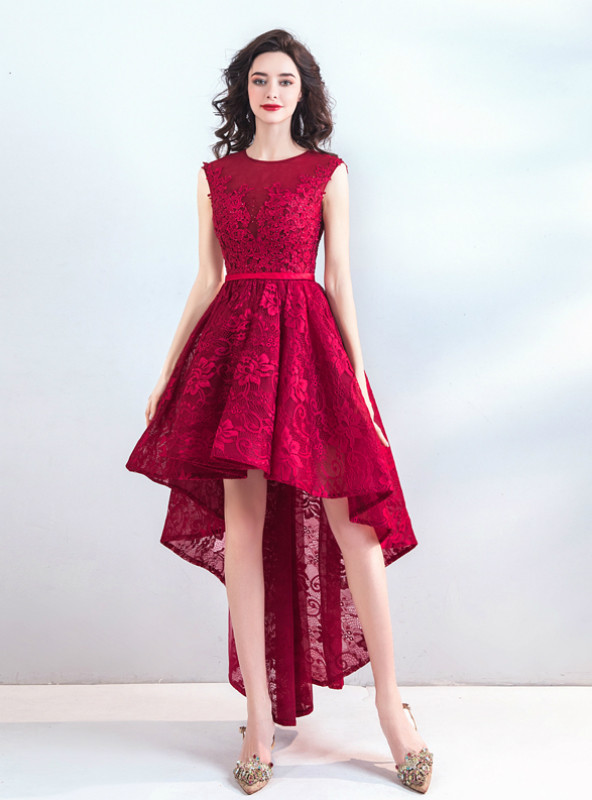 Shop 2019 Long & Short In Stock:Ship in 48 Hours Red Lace Hi Lo Appliques Homecoming Dress With Factory Price From Kemedress