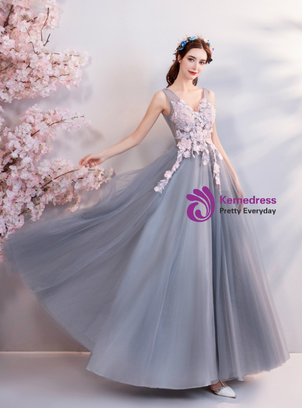 Shop 2019 Long & Short In Stock:Ship in 48 Hours Gray Tulle Appliques V-neck Prom Dress With Factory Price From Kemedress