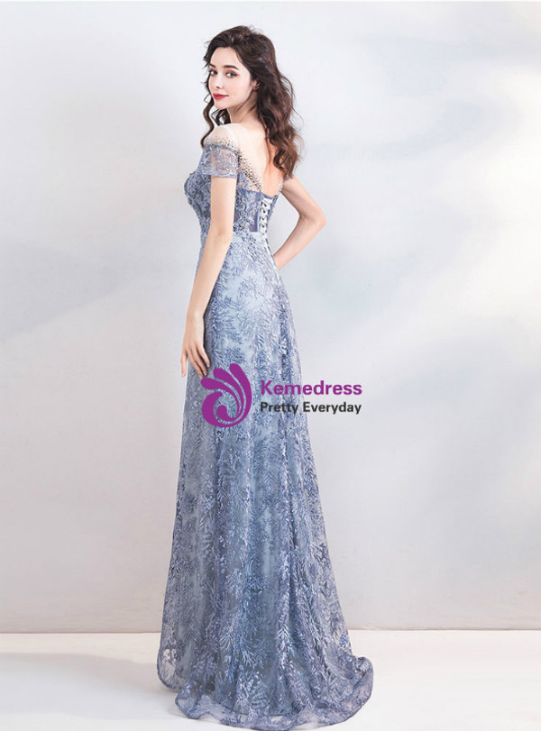 Shop 2019 Long & Short In Stock:Ship in 48 Hours Light Blue Lace Appliques Cap Sleeve Prom Dress With Factory Price From Kemedress