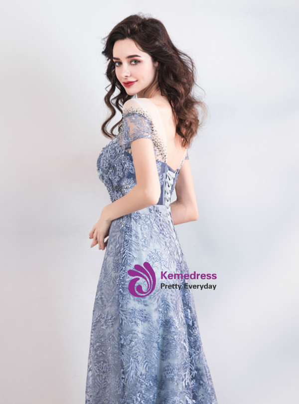 Shop 2019 Long & Short In Stock:Ship in 48 Hours Light Blue Lace Appliques Cap Sleeve Prom Dress With Factory Price From Kemedress