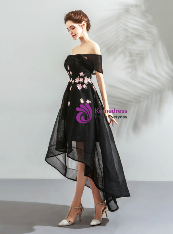 Shop 2019 Long & Short In Stock:Ship in 48 Hours Black Hi Lo Off the Shoulder Appliques Homecoming Dress With Factory Price From Kemedress