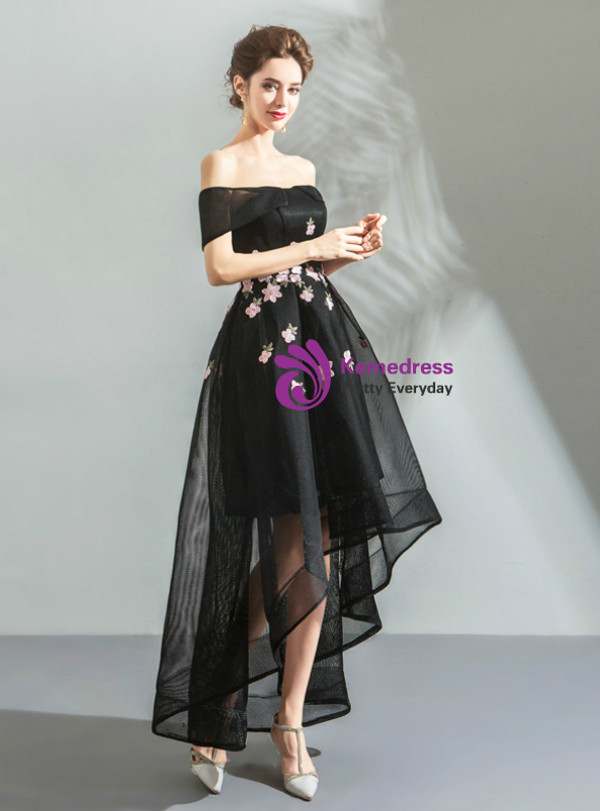 Shop 2019 Long & Short In Stock:Ship in 48 Hours Black Hi Lo Off the Shoulder Appliques Homecoming Dress With Factory Price From Kemedress