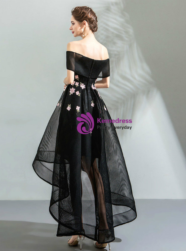 Shop 2019 Long & Short In Stock:Ship in 48 Hours Black Hi Lo Off the Shoulder Appliques Homecoming Dress With Factory Price From Kemedress