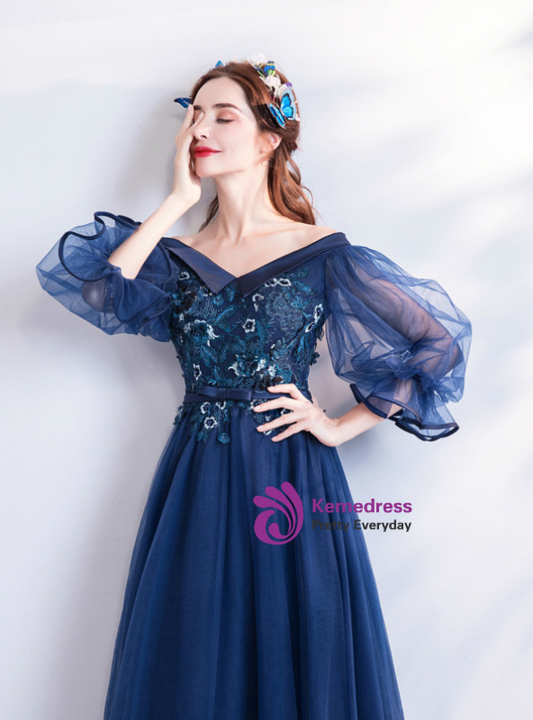 Shop 2019 Long & Short In Stock:Ship in 48 Hours Blue Tulle Puff Sleeve Prom Dress With Factory Price From Kemedress