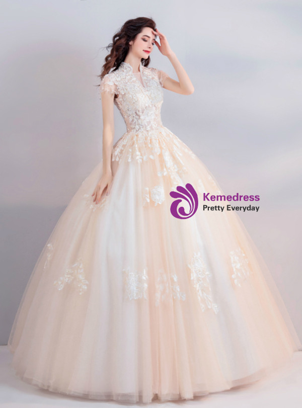 Shop 2019 Long & Short In Stock:Ship in 48 Hours Champagne Tulle High Neck Cap Sleeve Wedding Dress With Factory Price From Kemedress