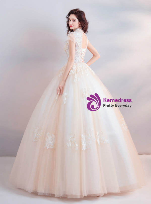 Shop 2019 Long & Short In Stock:Ship in 48 Hours Champagne Tulle High Neck Cap Sleeve Wedding Dress With Factory Price From Kemedress