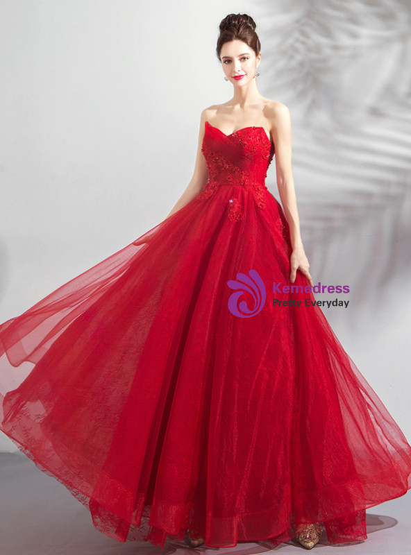 Shop 2019 Long & Short In Stock:Ship in 48 Hours Red Sweetheart Neck Tulle Prom Dress With Factory Price From Kemedress