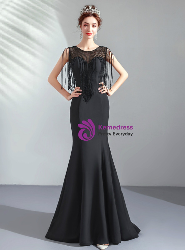 Shop 2019 Long & Short In Stock:Ship in 48 Hours Black Satin Beading Long Prom Dress With Factory Price From Kemedress