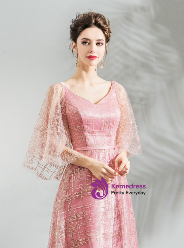 Shop 2019 Long & Short In Stock:Ship in 48 Hours A-Line Pink Tulle V-neck Backless Prom Dress With Factory Price From Kemedress