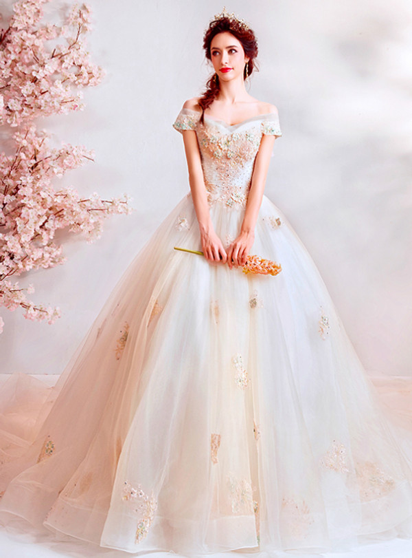 In Stock:Ship in 48 Hours Light Champagne Tulle Off the Shoulder Wedding Dress