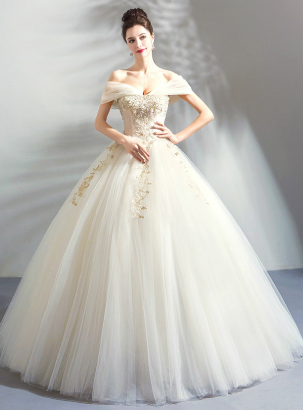 In Stock:Ship in 48 Hours Ivory White Ball Gown Tulle Off the Shoulder Wedding Dress