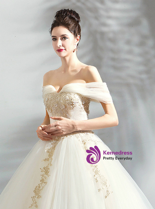 In Stock:Ship in 48 Hours Ivory White Ball Gown Tulle Off the Shoulder Wedding Dress