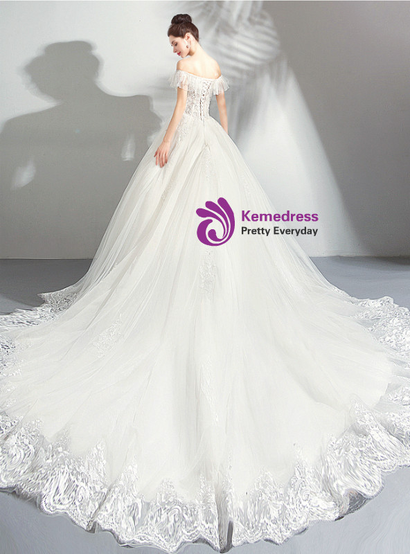 Shop 2019 Long & Short In Stock:Ship in 48 Hours White Ball Gown Tulle Off the Shoulder Wedding Dress With Factory Price From Kemedress