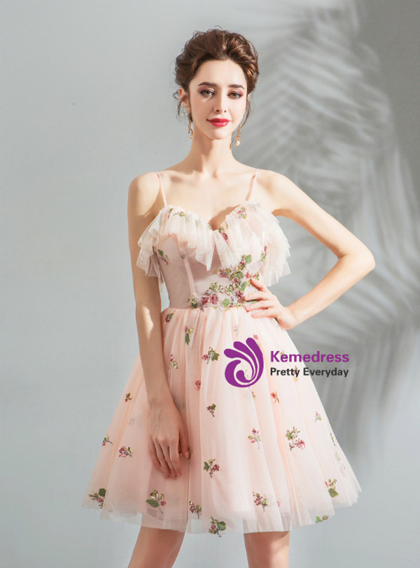 Shop 2019 Long & Short In Stock:Ship in 48 Hours Pink Tulle Spaghetti Straps Short Homecoming Dress With Factory Price From Kemedress