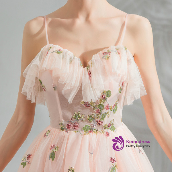 Shop 2019 Long & Short In Stock:Ship in 48 Hours Pink Tulle Spaghetti Straps Short Homecoming Dress With Factory Price From Kemedress