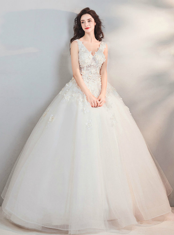 Shop 2019 Long & Short In Stock:Ship in 48 Hours Tulle V-neck Appliques Wedding Dress With Factory Price From Kemedress