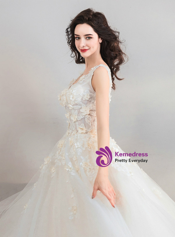 Shop 2019 Long & Short In Stock:Ship in 48 Hours Tulle V-neck Appliques Wedding Dress With Factory Price From Kemedress