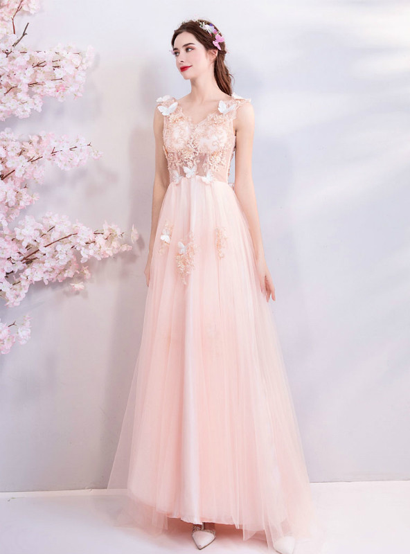 Shop 2019 Long & Short In Stock:Ship in 48 Hours Pink Tulle Appliques V-neck Prom Dress With Factory Price From Kemedress