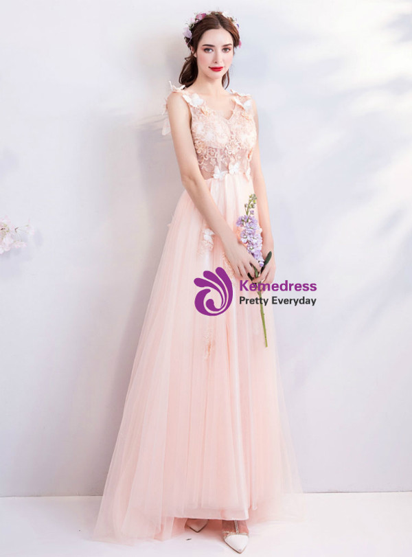 Shop 2019 Long & Short In Stock:Ship in 48 Hours Pink Tulle Appliques V-neck Prom Dress With Factory Price From Kemedress