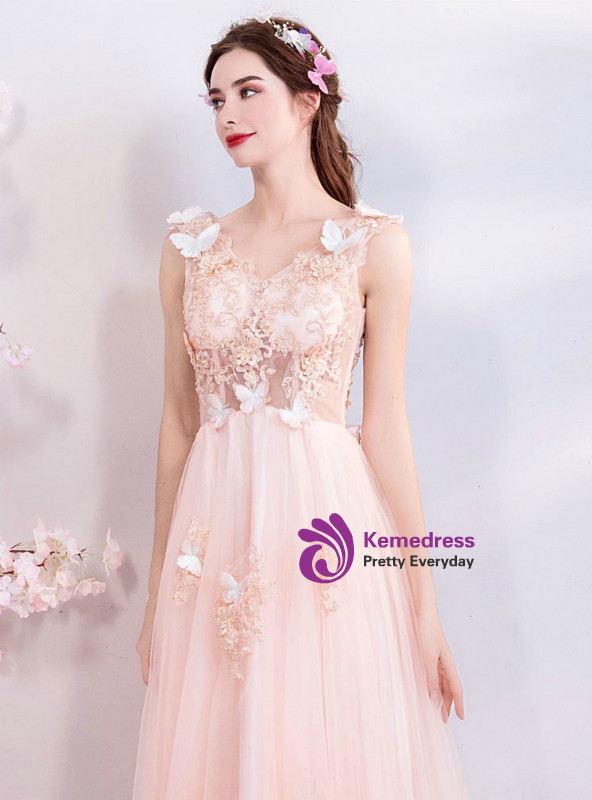 Shop 2019 Long & Short In Stock:Ship in 48 Hours Pink Tulle Appliques V-neck Prom Dress With Factory Price From Kemedress