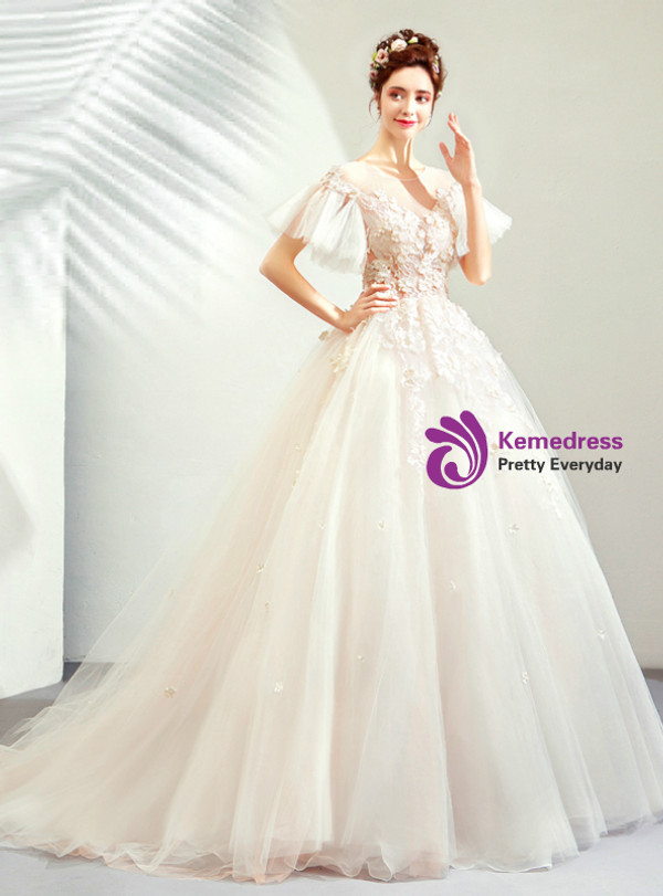 Shop 2019 Long & Short In Stock:Ship in 48 Hours Champagne Pink Tulle Appliques Wedding Dress With Factory Price From Kemedress