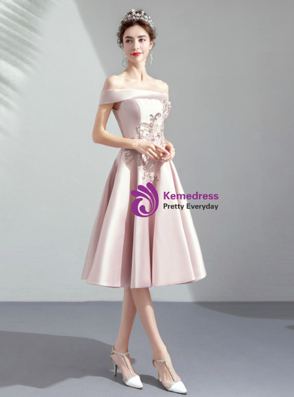 Shop 2019 Long & Short In Stock:Ship in 48 Hours Pink Satin Off the Shoulder Appliques Homecoming Dress With Factory Price From Kemedress