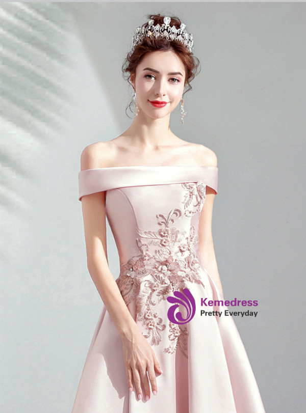 Shop 2019 Long & Short In Stock:Ship in 48 Hours Pink Satin Off the Shoulder Appliques Homecoming Dress With Factory Price From Kemedress
