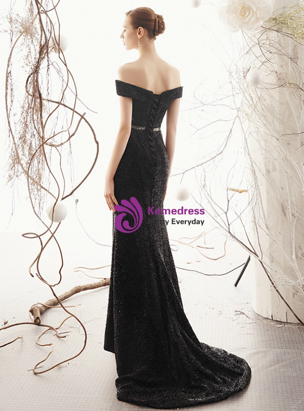 Stunning Black Mermaid Off the Shoulder Sleeveless Prom Dress