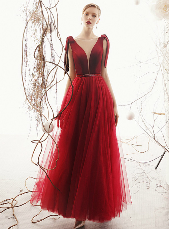 Romance Red Tulle See Through V-neck Backless Long Prom Dress