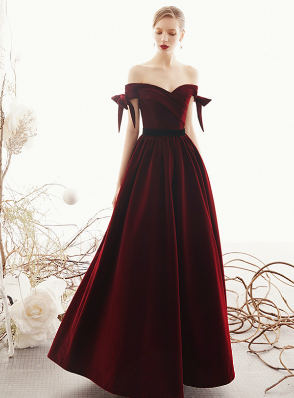 Shinning Burgundy Velvet Off the Shoulder Pleast Prom Dress With Bow