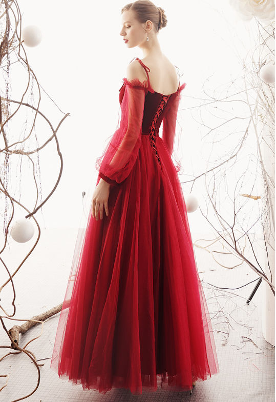 Red Tulle Spaghetti Straps Long Sleeve Long Floor Length Prom Dress