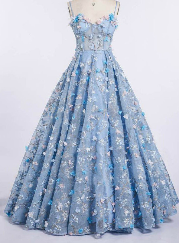 Sky Blue Ball Gown Princess Spaghetti Strap 3D Flower Applique Prom Sress