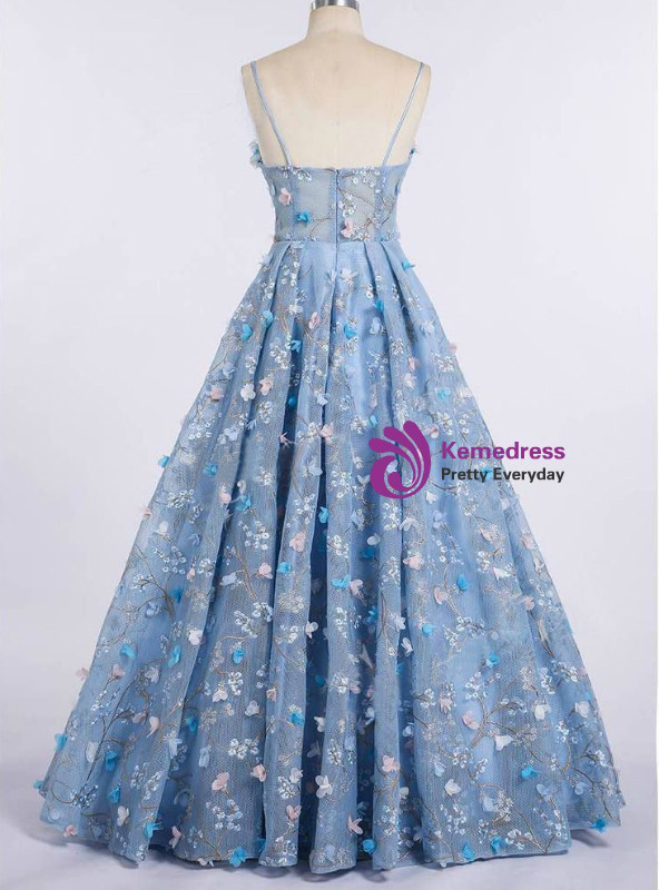 Sky Blue Ball Gown Princess Spaghetti Strap 3D Flower Applique Prom Sress